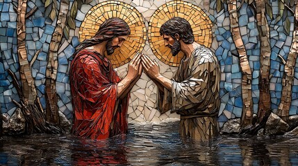 Intricate mosaic of the baptism of Jesus, Saint John the Baptist standing waist-deep in the river, detailed blue tiles showing the flowing water, Jesus with hands clasped in prayer,
