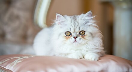 Fototapeta premium Adorable persian cat with fluffy white fur resting on elegant velvet cushion
