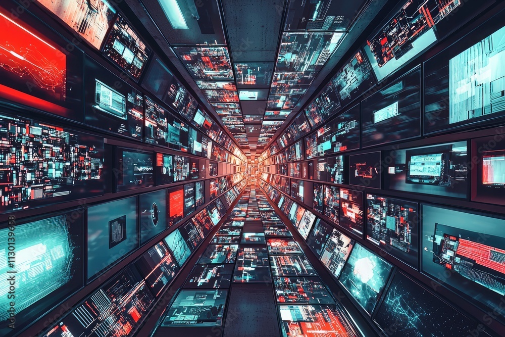 Poster a digital tunnel of countless screens displaying data streams
