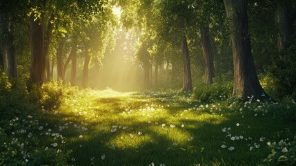 Obraz premium A beautiful forest with bright green grass growing in the golden sun shining through the trees, background wallpaper AI generated image