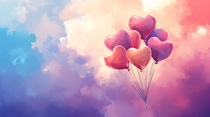 Obraz premium bouquet of heart shaped balloons floating in colorful sky