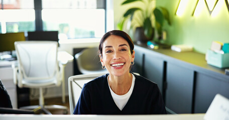 Clinic, receptionist and portrait of woman in office for medical service, appointment and...