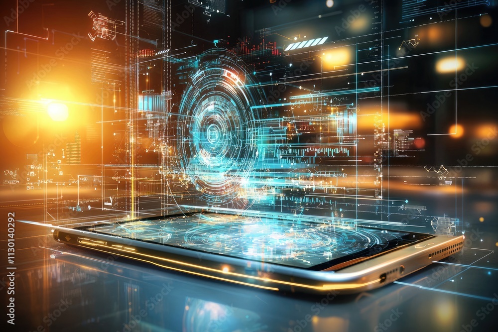 Poster futuristic smartphone displaying holographic digital data and network connections