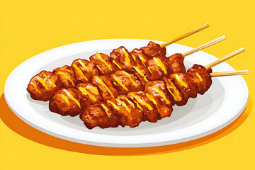 A plate of grilled skewers drizzled with sauce on a bright yellow background.