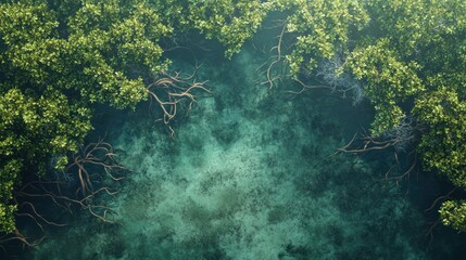 Aerial view of the vast mangrove forest, dense trees and exposed roots snaking in the shallow coastal waters background wallpaper AI generated image