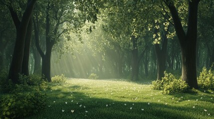Fototapeta premium Tranquil forest meadow with fresh green grass and leaves of tall trees background wallpaper AI generated image