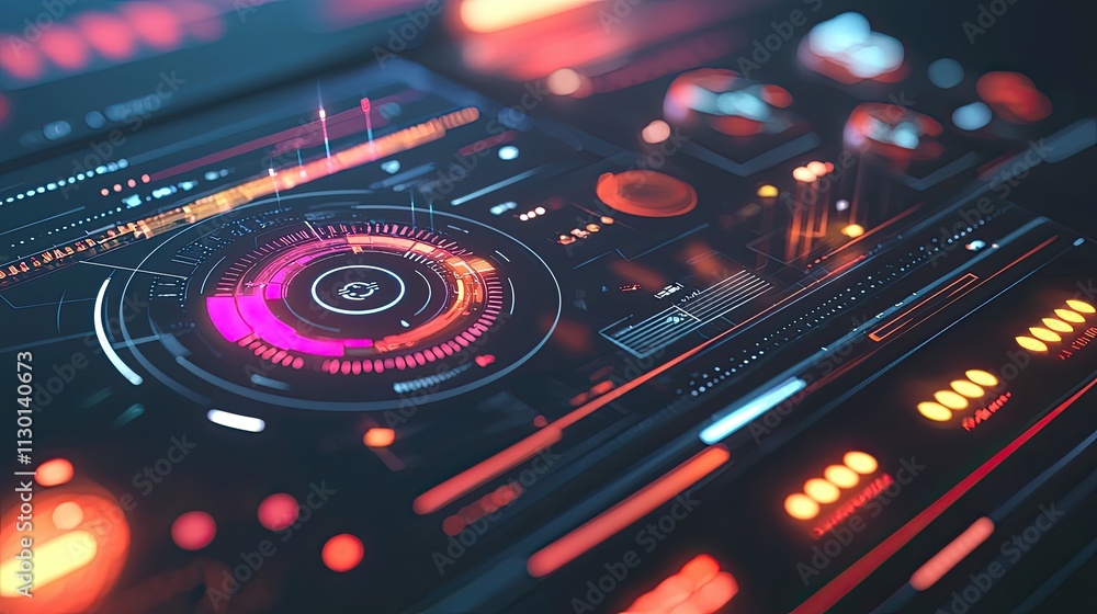 Poster futuristic technology interface with glowing circular display and data streams
