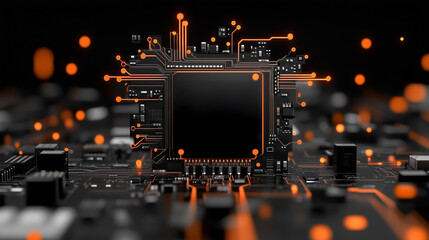Fototapeta premium A futuristic rendering of a circuit board with a central processor glowing brightly, surrounded by intricate pathways and glowing nodes.
