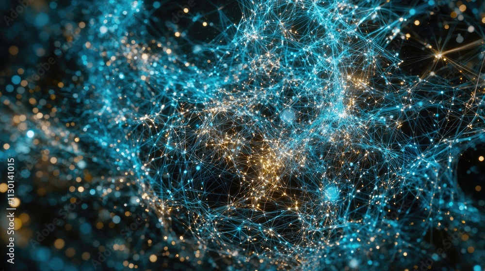 Poster abstract network of interconnected nodes, glowing teal and gold