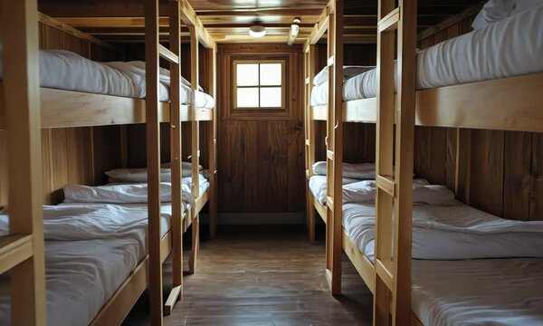 Wooden bunk beds in cozy, well-lit dormitory room