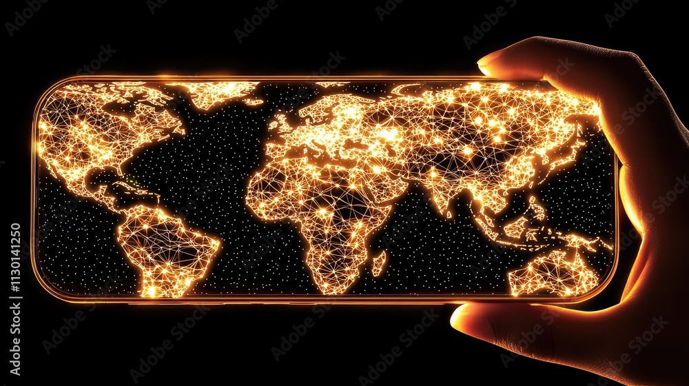 Aufkleber illuminated global network displayed on a smartphone