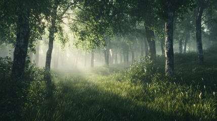 Fototapeta premium A misty forest at dawn with dense green grass covering the ground background wallpaper AI generated image