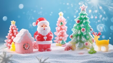 Transparent Candy Material Santa Claus, Gift Box, Christmas Tree, Reindeer, and Small House with Icing Sugar - Ethereal Artistic Style