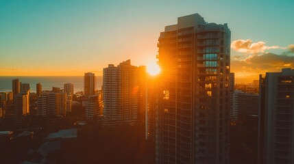 Fototapeta premium Cinematic sunrise over luxury hotel in Surfers Paradise, Gold Coast Australia