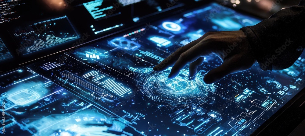 Poster hand interacting with a futuristic, data-rich interactive display