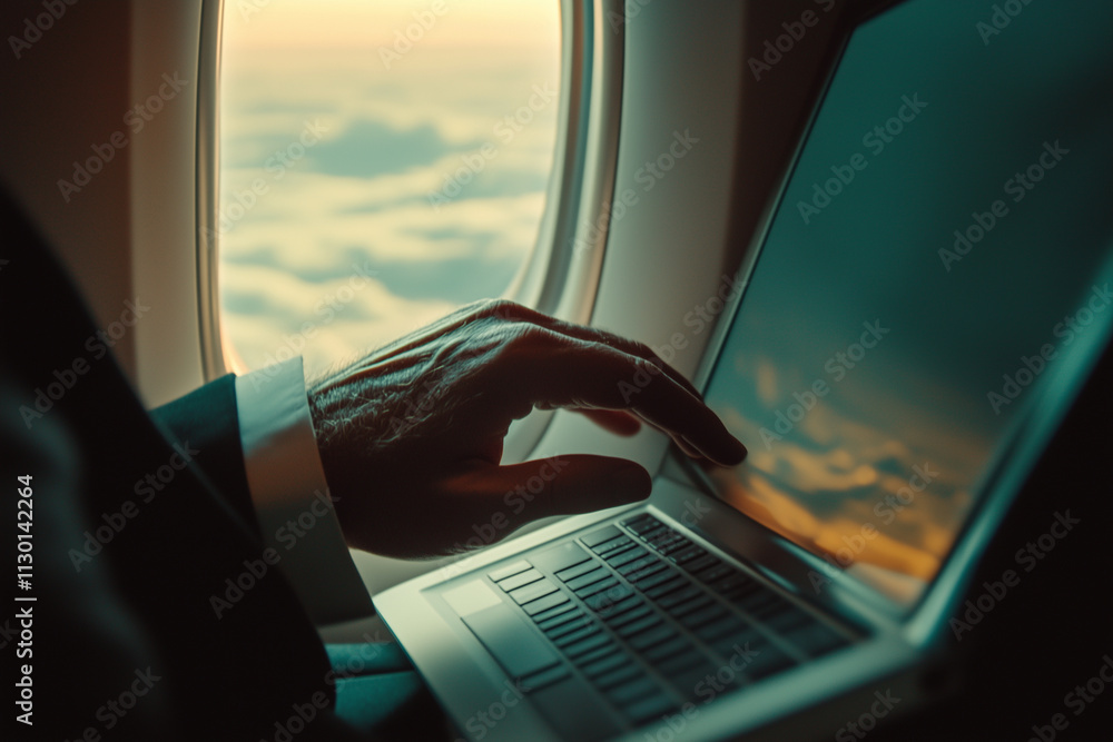 Poster man is typing on a laptop while looking out the window of an airplane. concept of travel and adventu