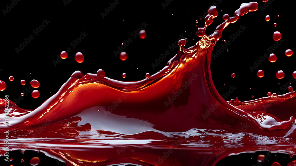 Poster red liquid splashes dynamically, creating abstract art