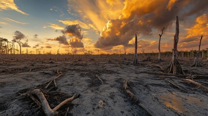 A desert-like land that was once a dense forest, with cracked ground, dead trees, and eerie skies background wallpaper AI generated image