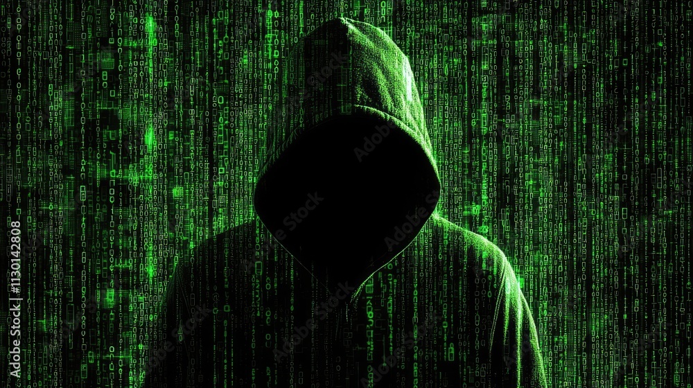 Poster anonymous hooded figure in a matrix of green binary code