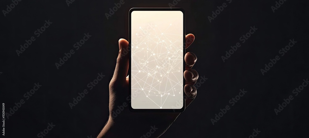 Poster hand holding smartphone displaying a network connection graphic on a dark background.