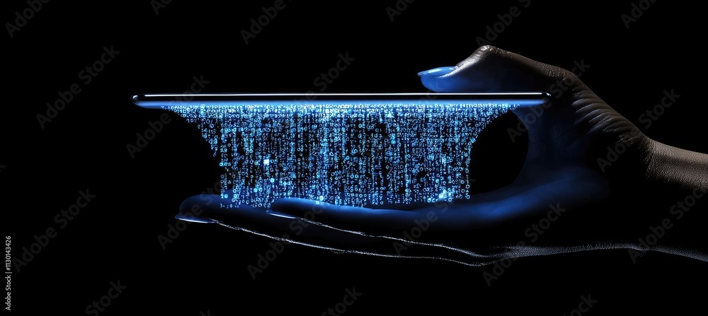 Poster digital data stream flowing from a smartphone held in a hand