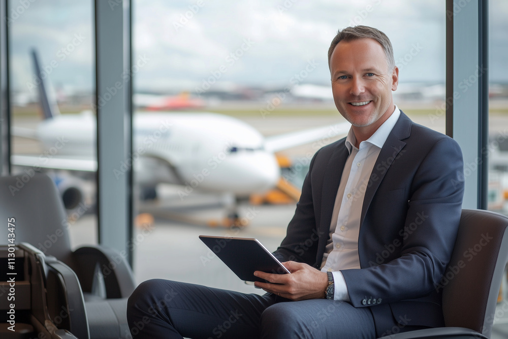 Poster man in a suit is sitting in a chair with a tablet in his hand. he is smiling and he is enjoying his 