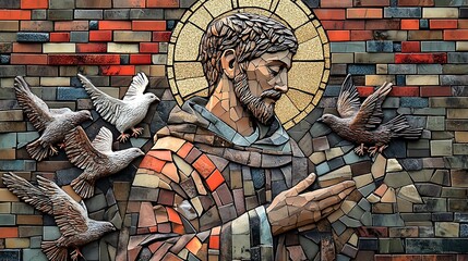 Mosaic art of Saint Francis of Assisi surrounded by doves and deer, his gentle hand extended in blessing, deep green and brown tones in the background tiles, golden light from his halo,