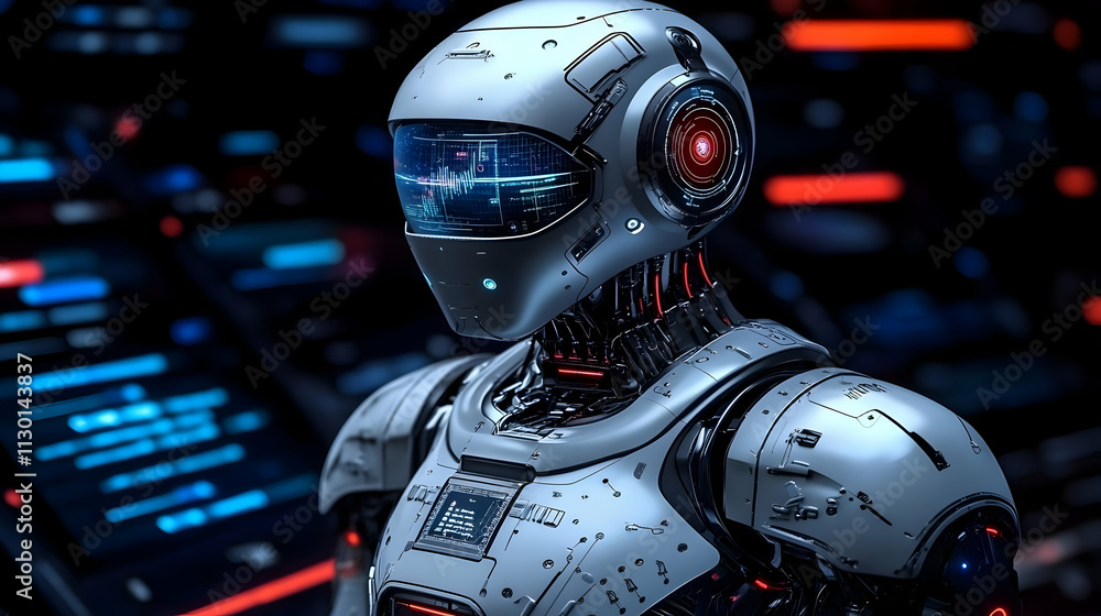 Poster advanced robot displays futuristic tech, exploring ai