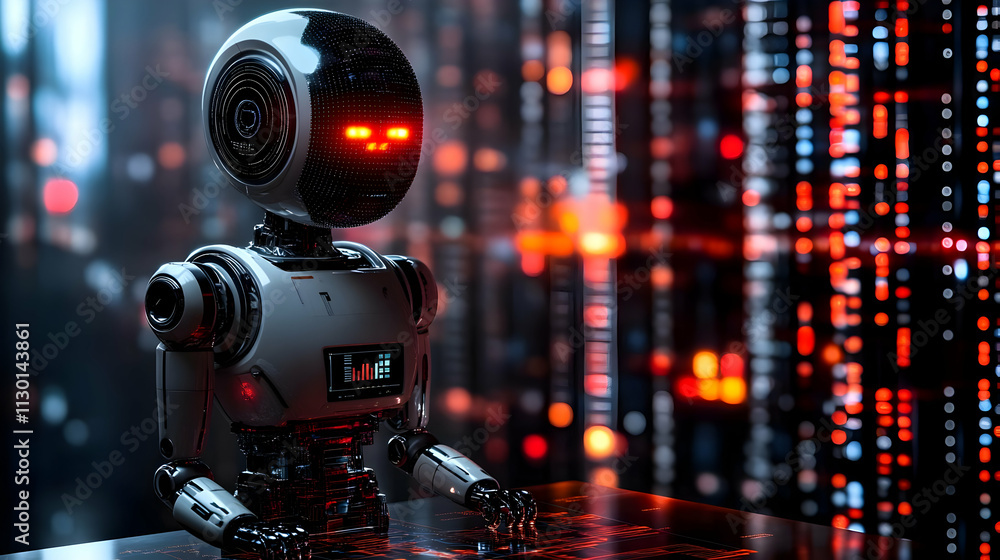 Poster robot processes data efficiently in futuristic city