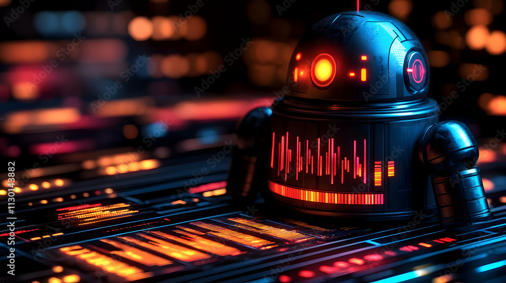 Aufkleber cybernetic robot processes data efficiently in neon city