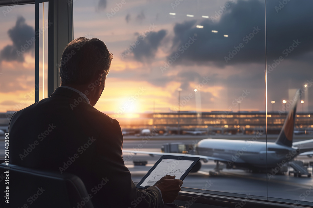 Poster man in a suit is sitting in a chair looking out the window at an airport. he is using a tablet to ch