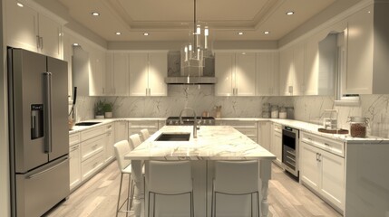 A sleek kitchen featuring white cabinets, quartz countertops