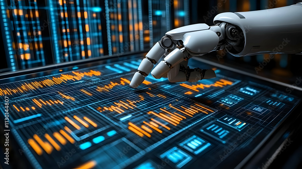 Poster robot arm analyzes data on futuristic screen