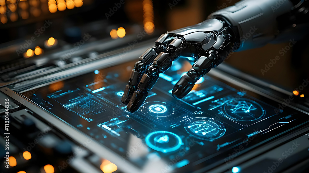Poster robot hand interacts with futuristic interface