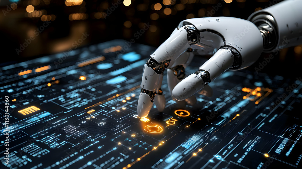 Aufkleber robot hand interacts with futuristic interface