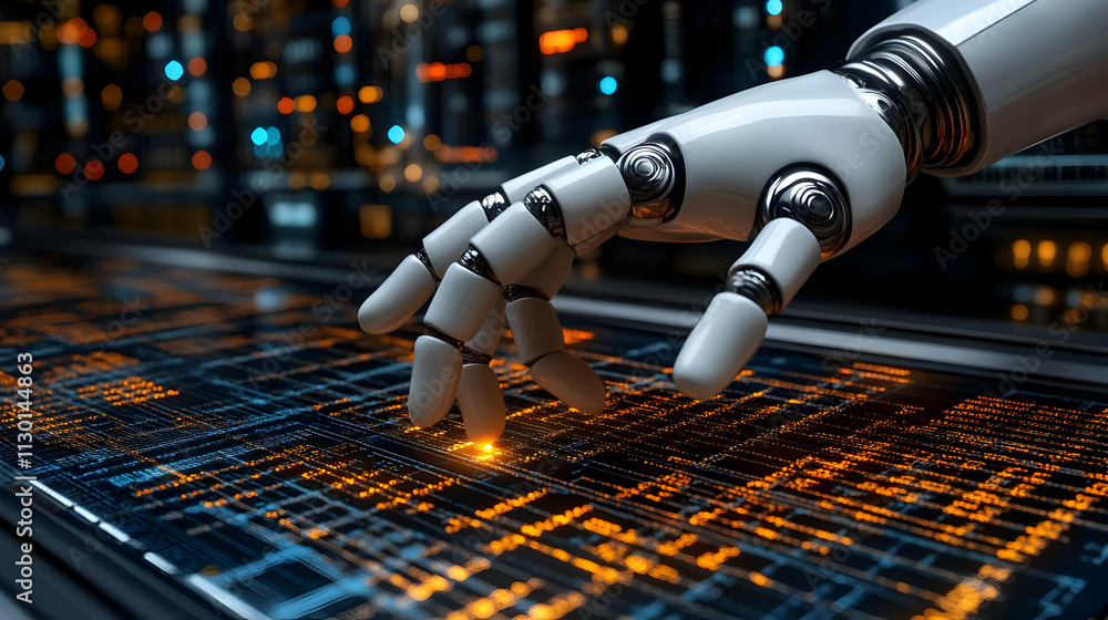 Poster robot hand interacts with digital code, future technology