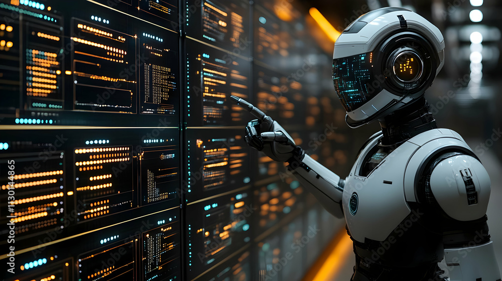 Aufkleber robot analyzes data on futuristic screens