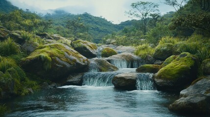 Fototapeta premium A calm mountain stream with clear, pure water flows over huge rocks covered with lush green moss background wallpaper AI generated image
