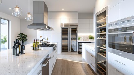 A sleek kitchen featuring white cabinets, quartz countertops