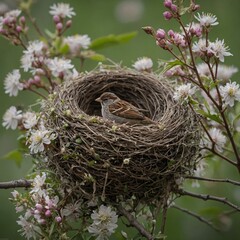 A sparrow weaving tiny flowers into its nest.