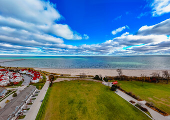 Drone shot of Lake Michigan cost in Sheboygan Wisconsin.
