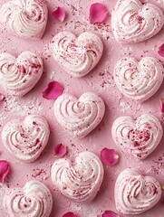 Fototapeta premium Delicious Pink Heart-Shaped Meringues with Rose Petals on a Pink Background.