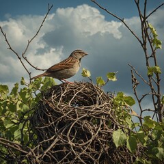 A sparrow nesting in a crown of vines, atop a forgotten statue.