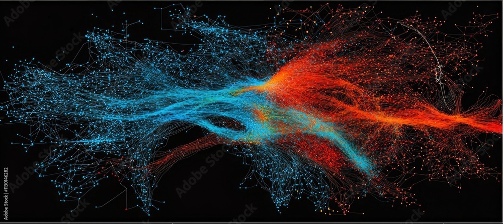 Poster abstract network visualization: interconnected blue and orange nodes