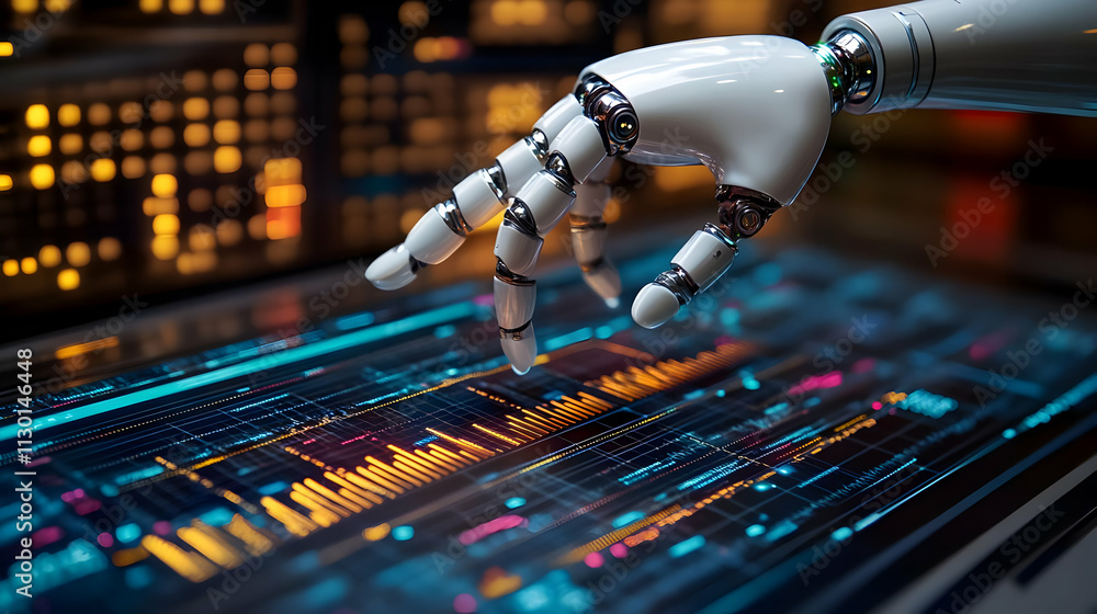 Poster robot hand interacts with digital data on tablet screen
