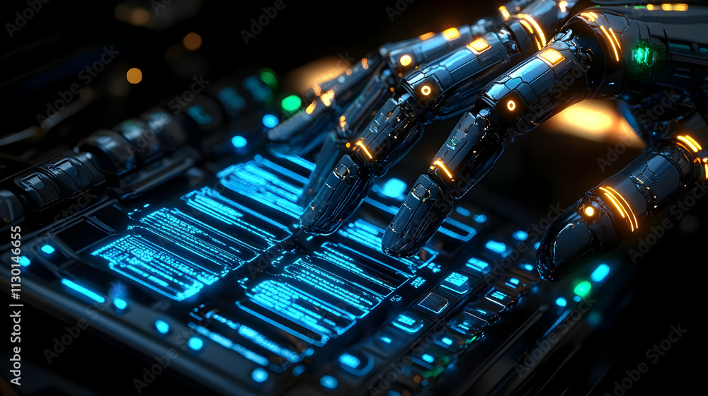 Aufkleber robotic hand typing futuristic keyboard: sci-fi tech