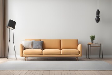 Modern living room interior with sofa and empty white wall as a background.