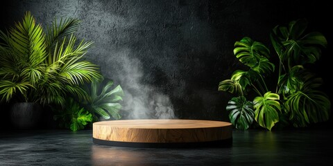 Wooden Platform Surrounded by Lush Green Plants and Smoke Effect