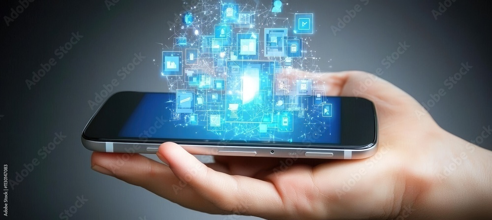 Poster smartphone displaying a network of digital information and data