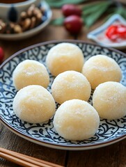 Close-up of seven delicate, round mochi sweets dusted with sugar, arranged on a patterned plate.